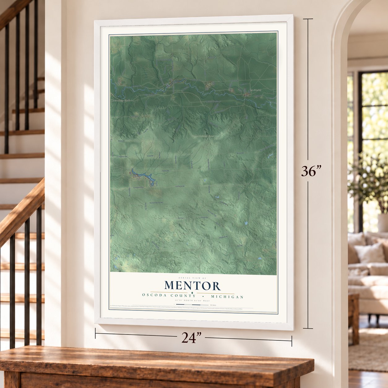 Mentor, Oscoda County, Michigan map, 24 x 36 inch print in a white frame by a staircase