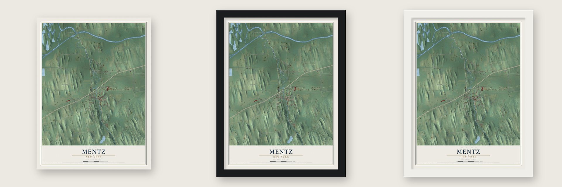 Mentz, New York map unframed, in a black wood frame and in a white wood frame