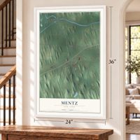 Mentz, New York map, 24 x 36 inch print in a white frame by a staircase