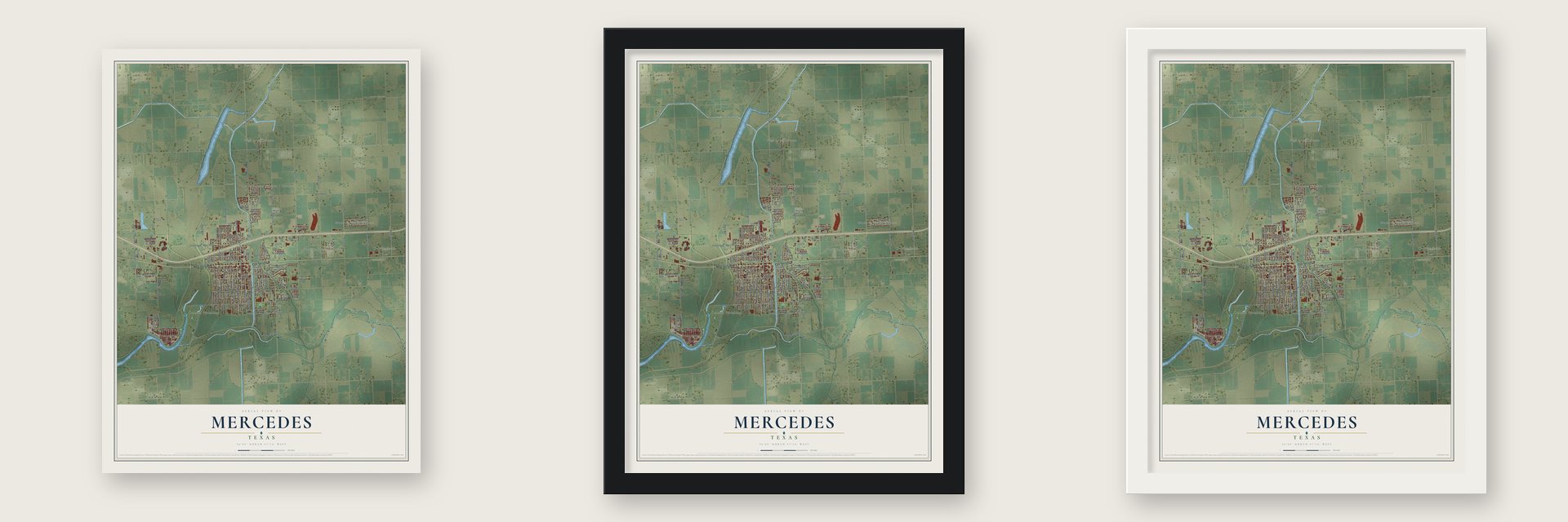Mercedes, Texas map unframed, in a black wood frame and in a white wood frame