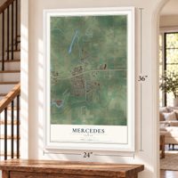 Mercedes, Texas map, 24 x 36 inch print in a white frame by a staircase