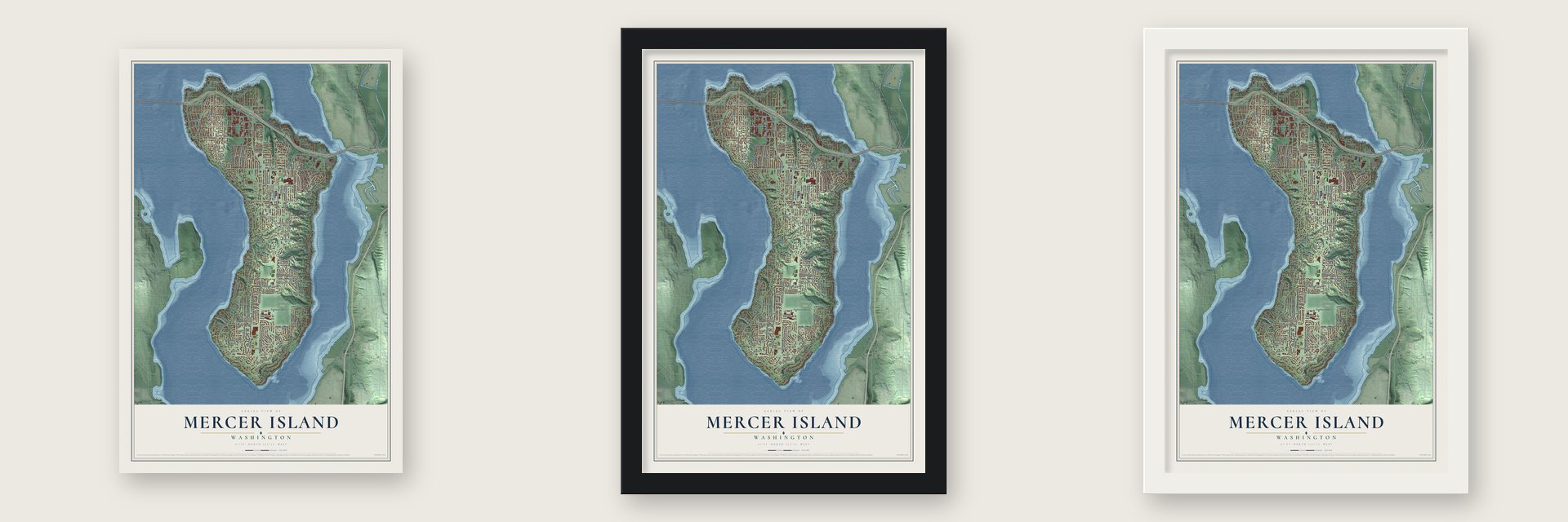 Mercer Island, Washington map unframed, in a black wood frame and in a white wood frame