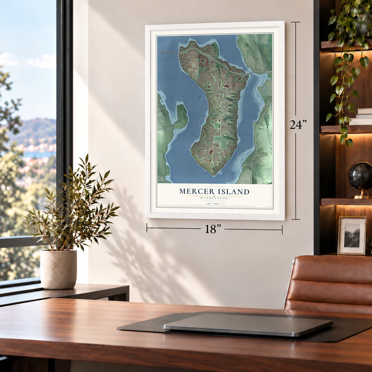 Mercer Island, Washington map, 18 x 24 inch print in a white frame in a home office