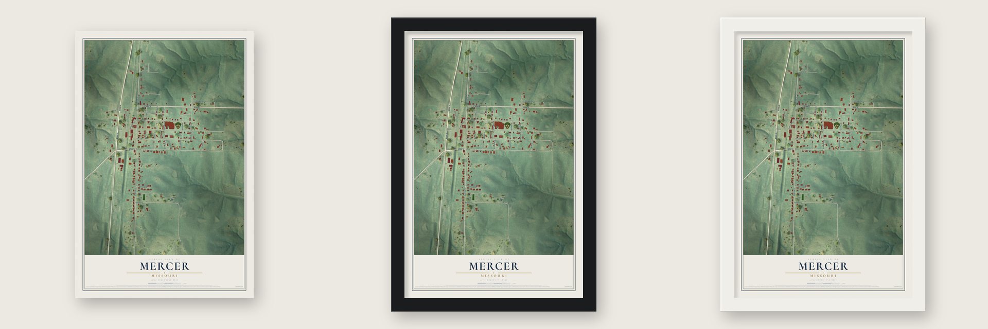 Mercer, Missouri map unframed, in a black wood frame and in a white wood frame