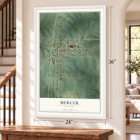 Mercer, Missouri map, 24 x 36 inch print in a white frame by a staircase