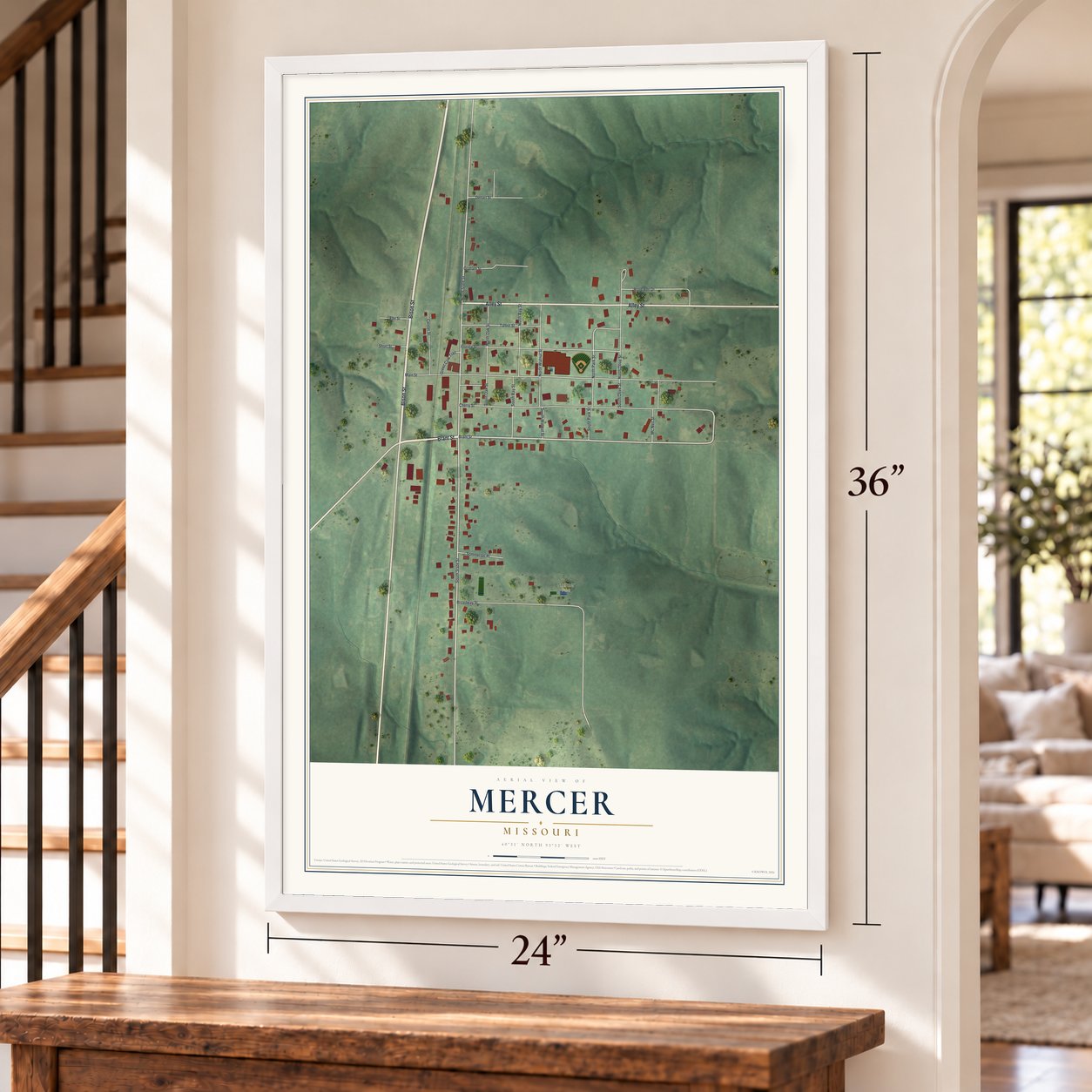 Mercer, Missouri map, 24 x 36 inch print in a white frame by a staircase