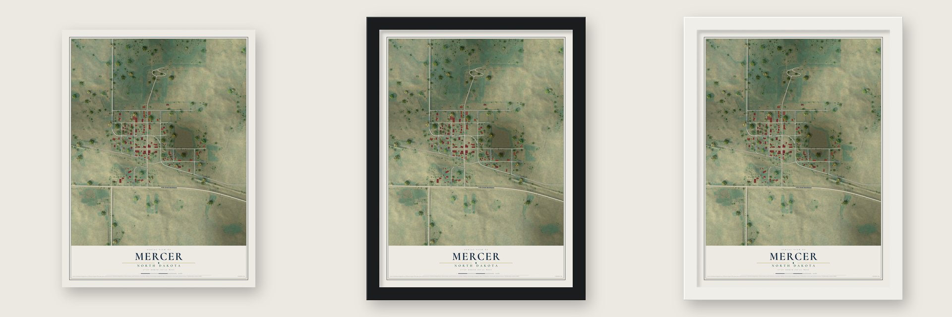 Mercer, North Dakota map unframed, in a black wood frame and in a white wood frame