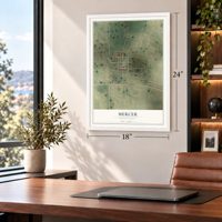 Mercer, North Dakota map, 18 x 24 inch print in a white frame in a home office