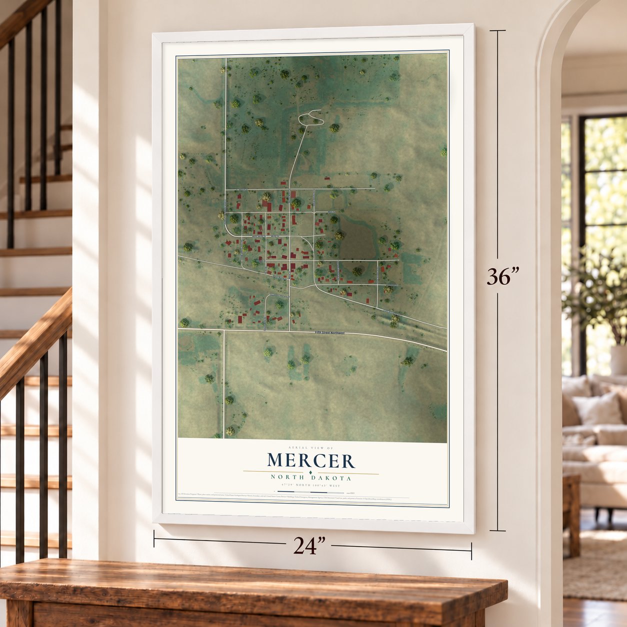 Mercer, North Dakota map, 24 x 36 inch print in a white frame by a staircase