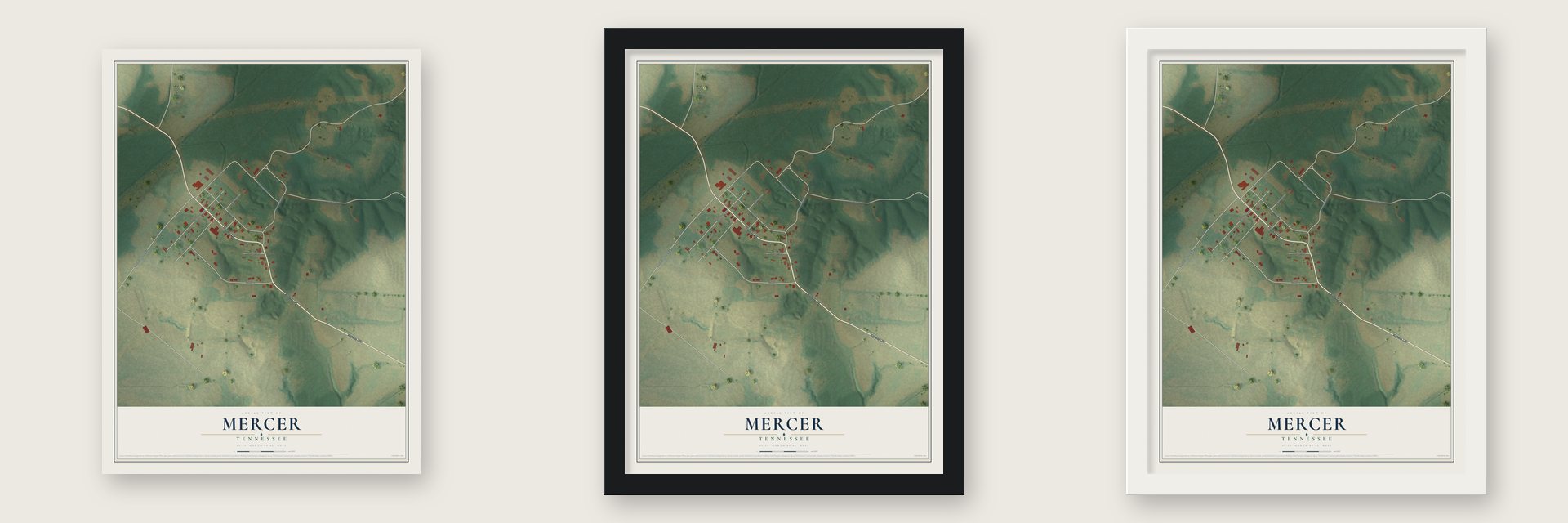 Mercer, Tennessee map unframed, in a black wood frame and in a white wood frame