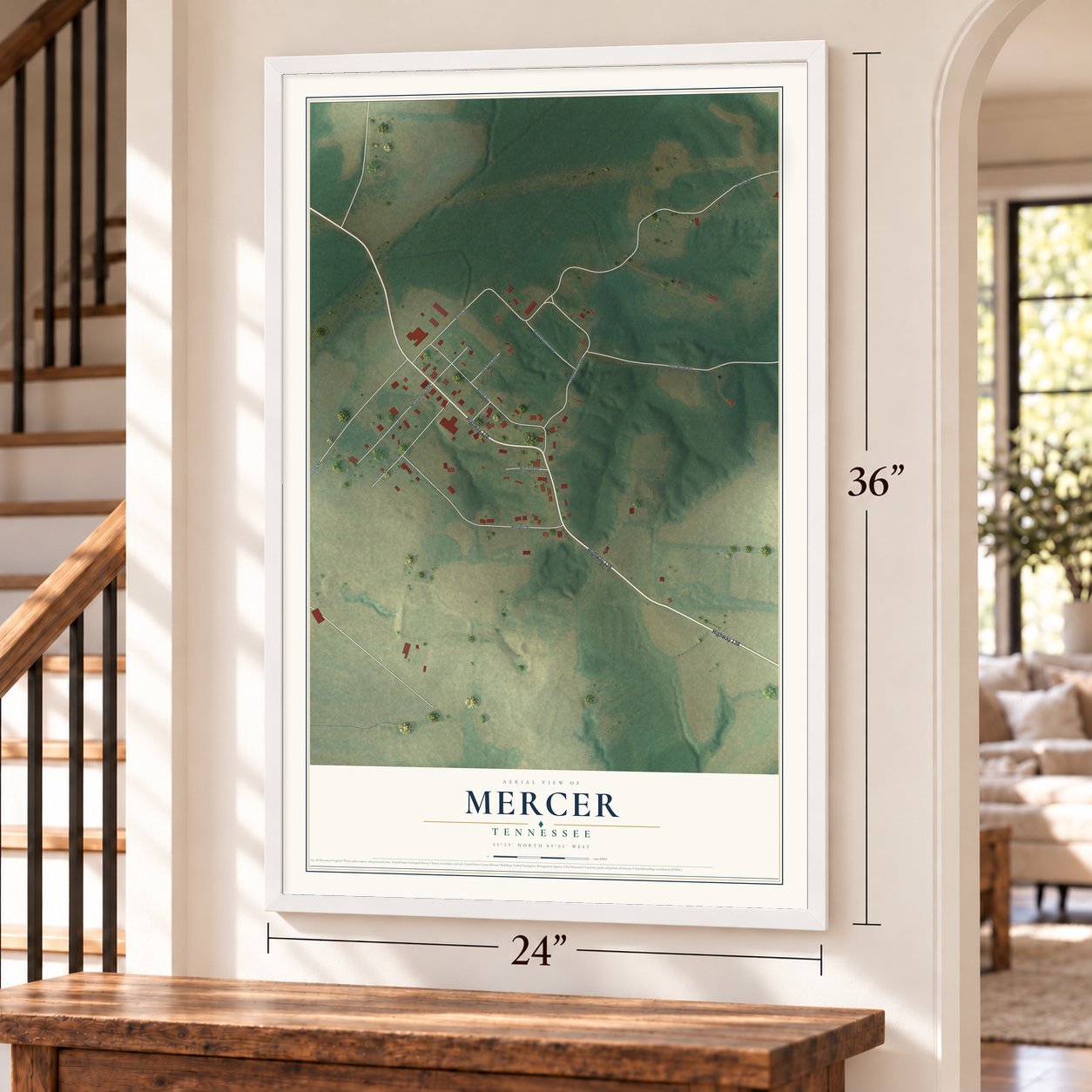 Mercer, Tennessee map, 24 x 36 inch print in a white frame by a staircase