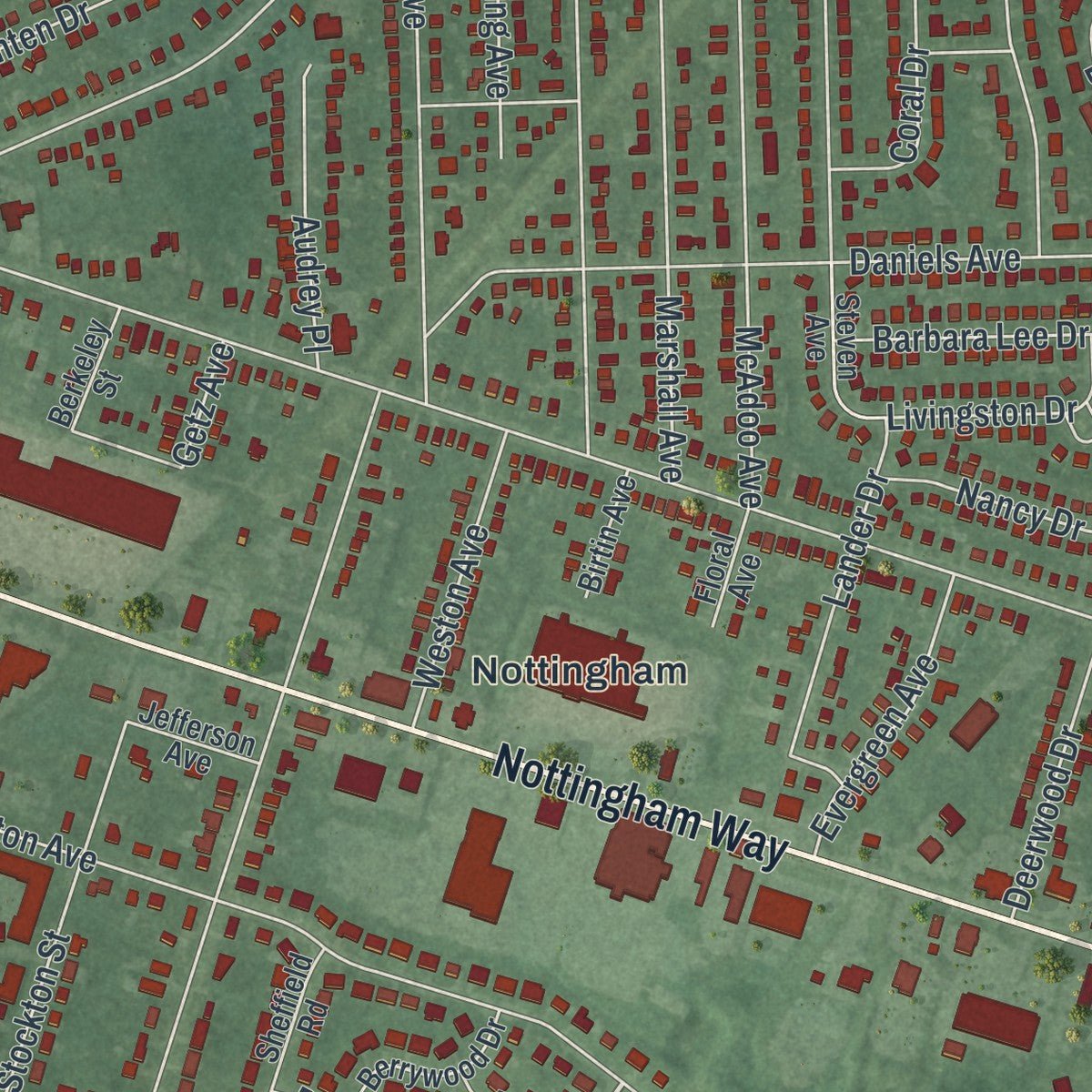 Second close-up of the map of Mercerville, New Jersey print showing more streets and buildings