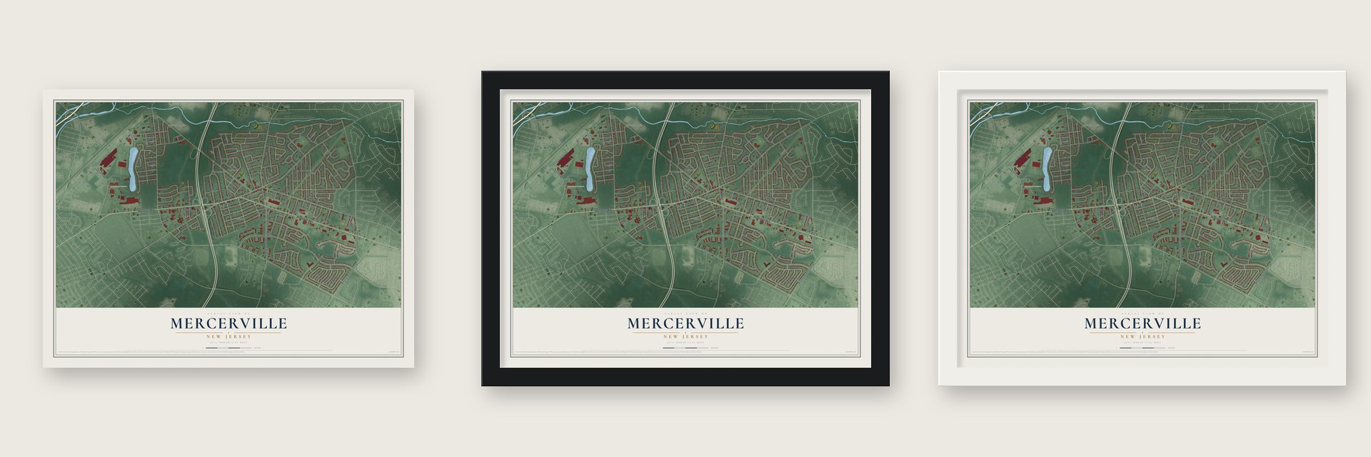 Mercerville, New Jersey map unframed, in a black wood frame and in a white wood frame
