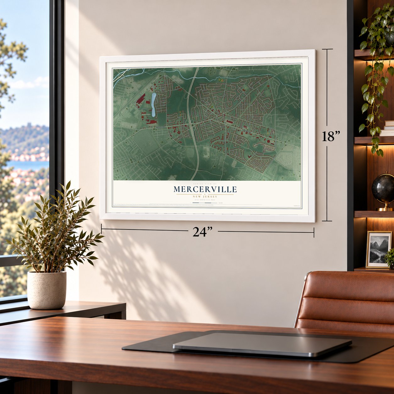 Mercerville, New Jersey map, 18 x 24 inch print in a white frame in a home office
