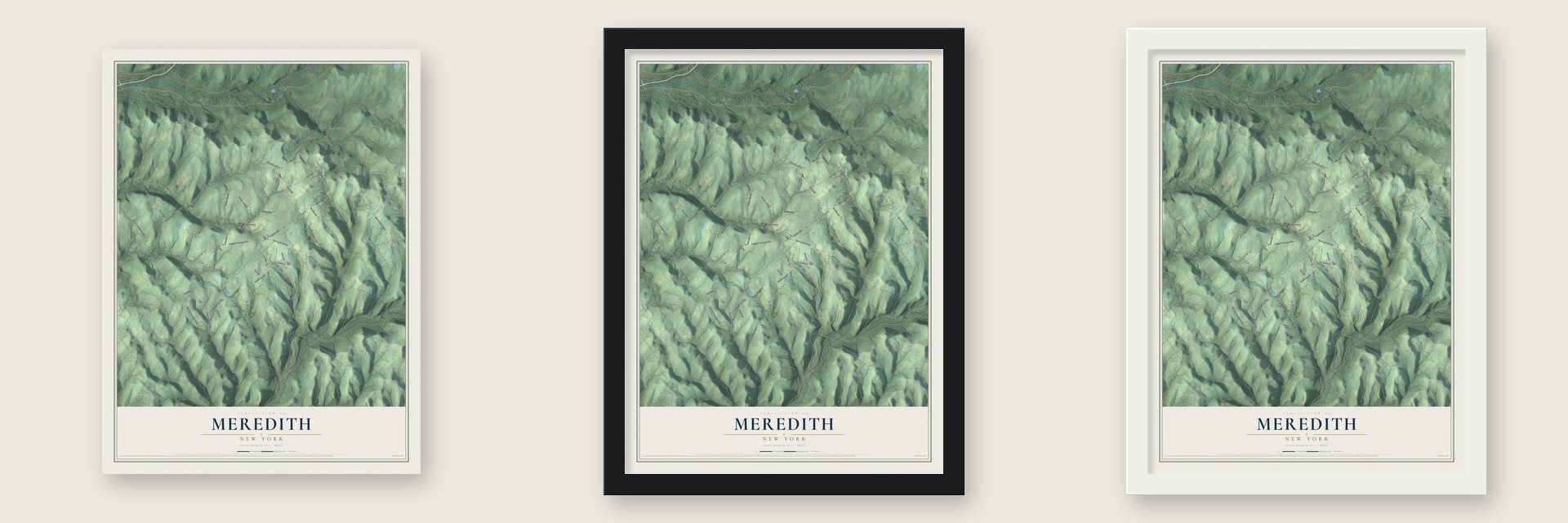 Meredith, New York map unframed, in a black wood frame and in a white wood frame