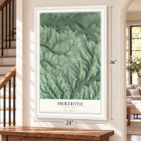 Meredith, New York map, 24 x 36 inch print in a white frame by a staircase