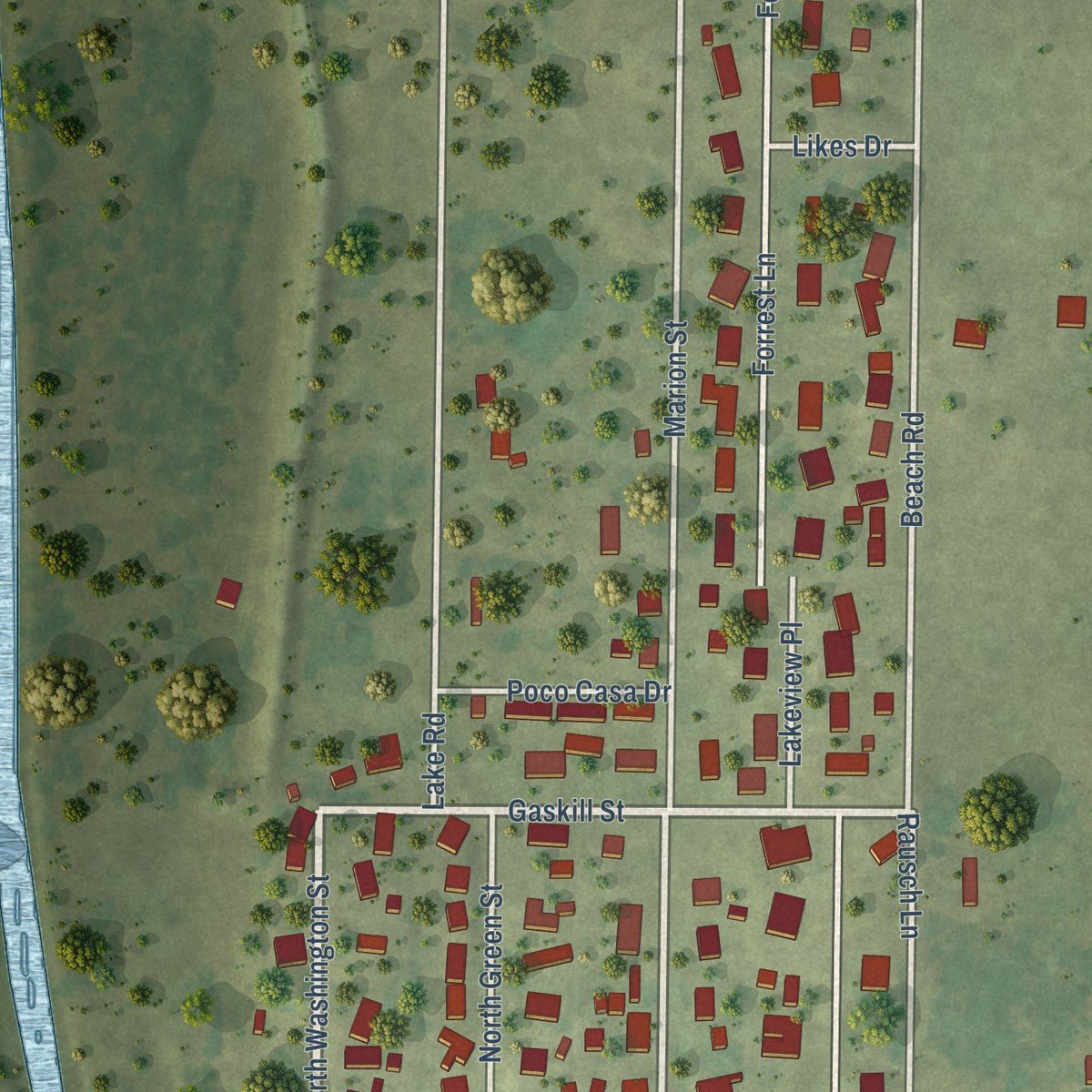 Second close-up of the map of Meredosia, Illinois print showing more streets and buildings