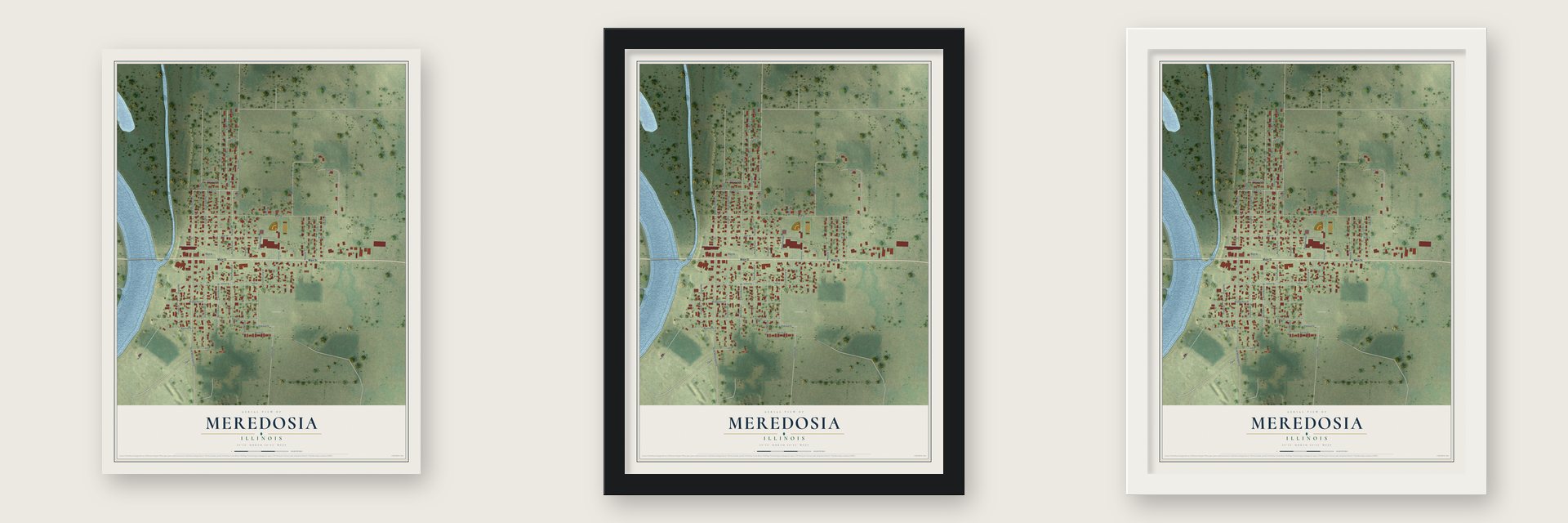 Meredosia, Illinois map unframed, in a black wood frame and in a white wood frame