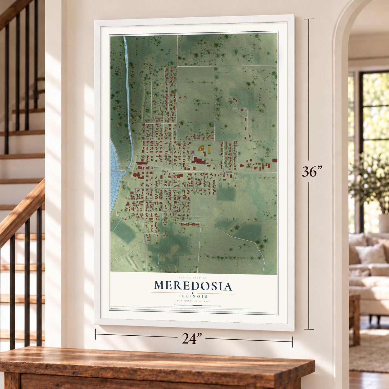 Meredosia, Illinois map, 24 x 36 inch print in a white frame by a staircase
