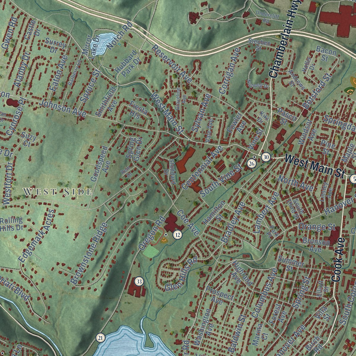 Second close-up of the map of Meriden, Connecticut print showing more streets and buildings