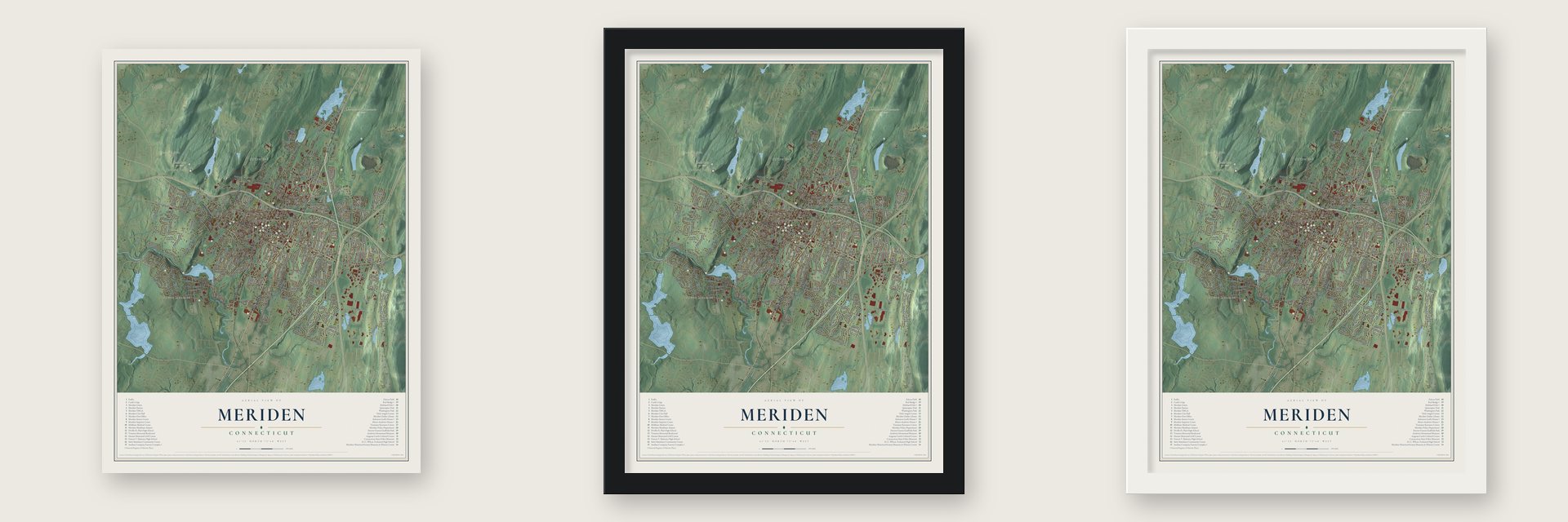 Meriden, Connecticut map unframed, in a black wood frame and in a white wood frame