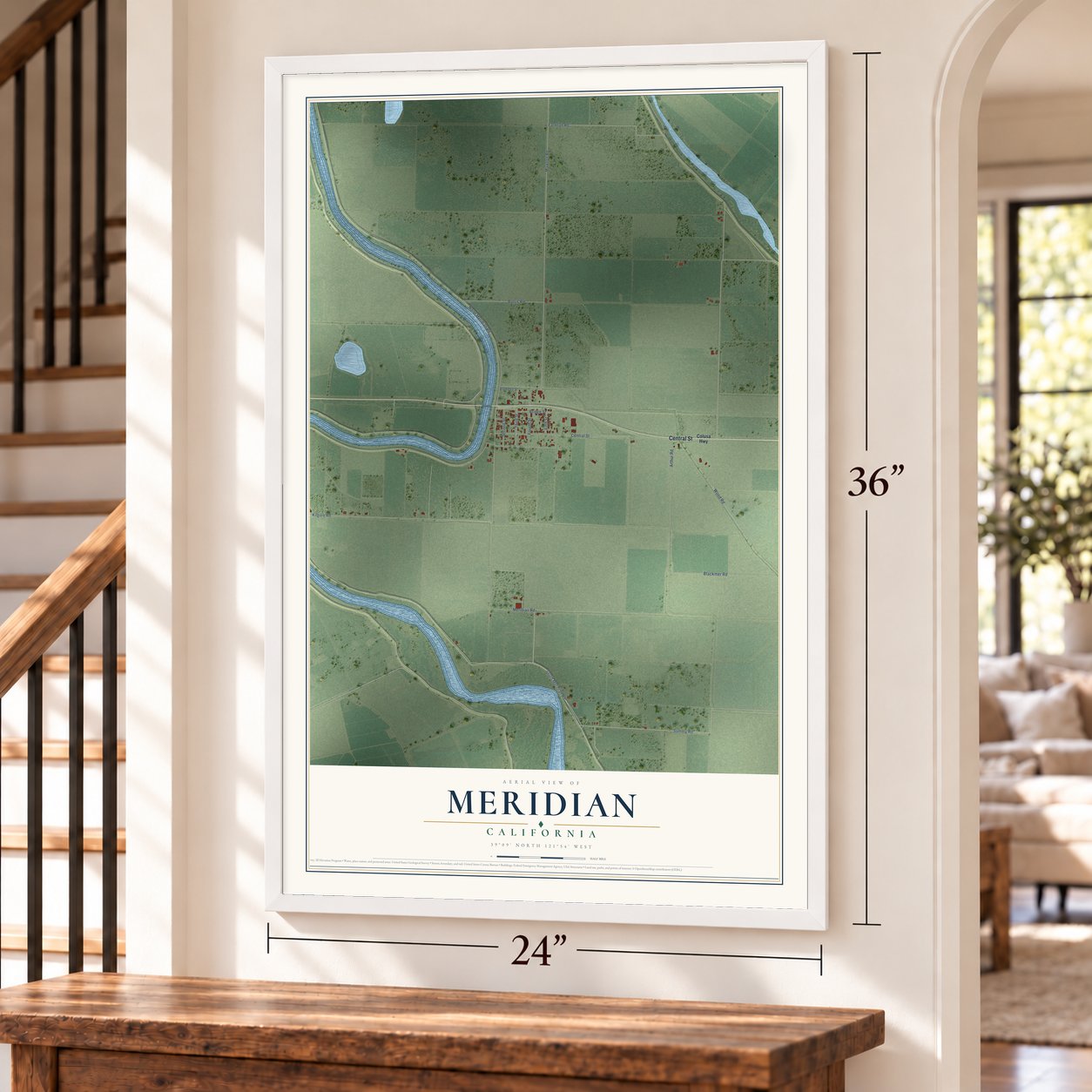 Meridian, California map, 24 x 36 inch print in a white frame by a staircase