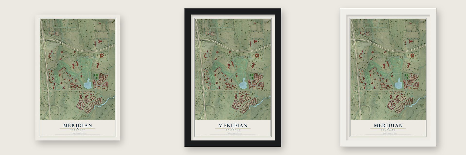 Meridian, Colorado map unframed, in a black wood frame and in a white wood frame