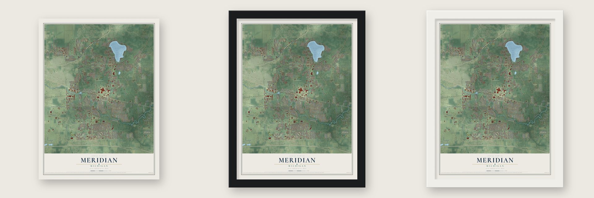Meridian, Michigan map unframed, in a black wood frame and in a white wood frame