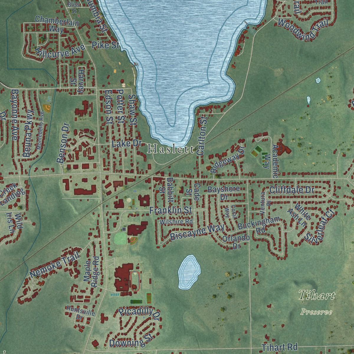 Second close-up of the map of Meridian, Michigan print showing more streets and buildings
