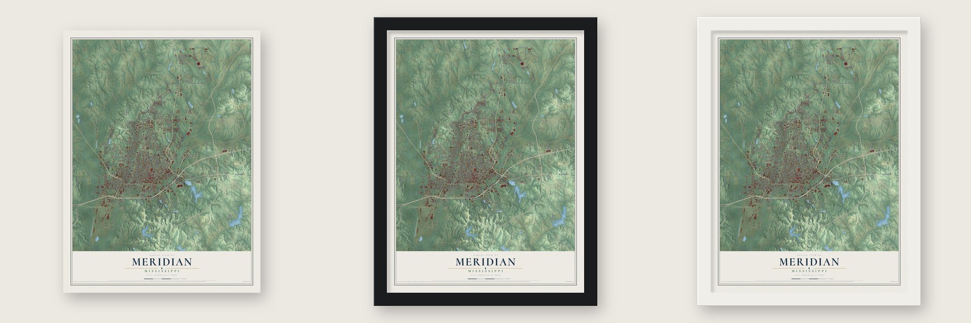 Meridian, Mississippi map unframed, in a black wood frame and in a white wood frame