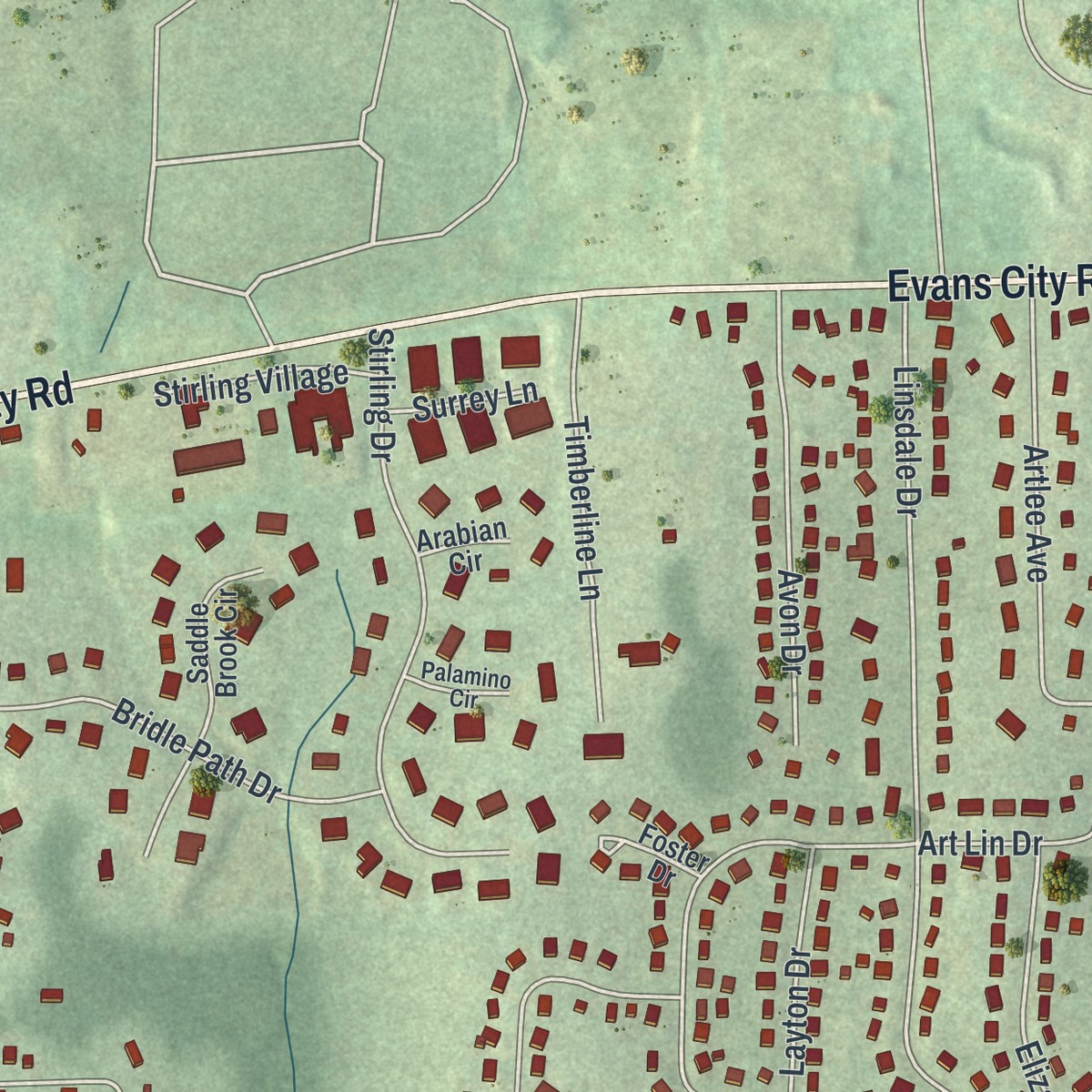Second close-up of the map of Meridian, Pennsylvania print showing more streets and buildings