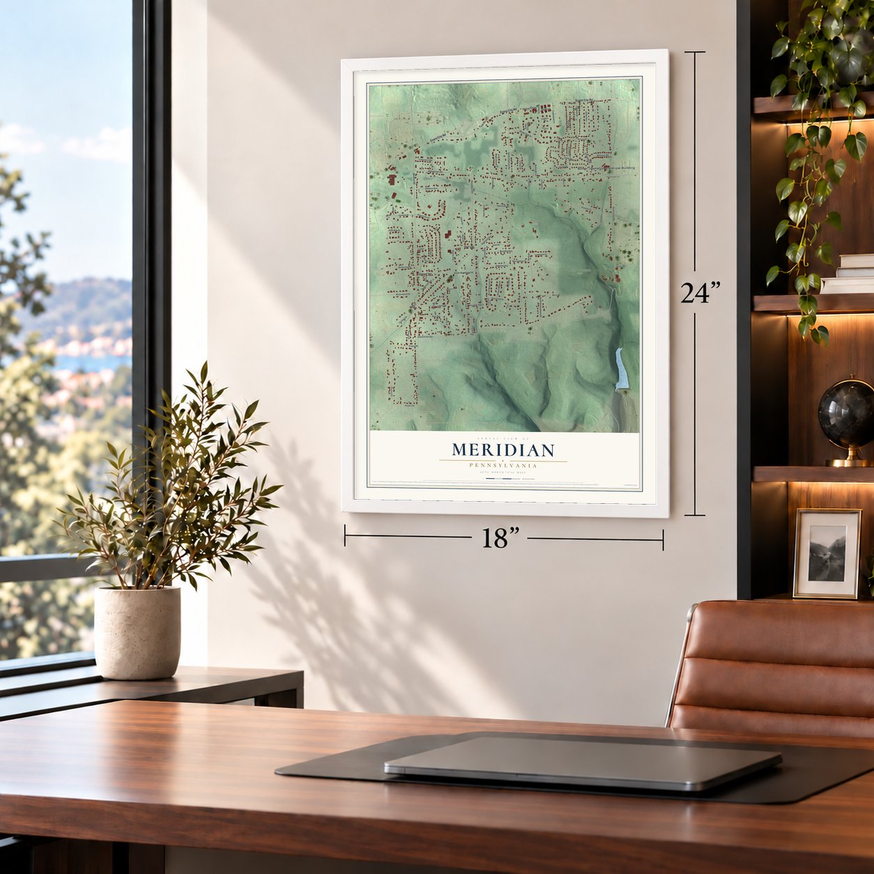 Meridian, Pennsylvania map, 18 x 24 inch print in a white frame in a home office