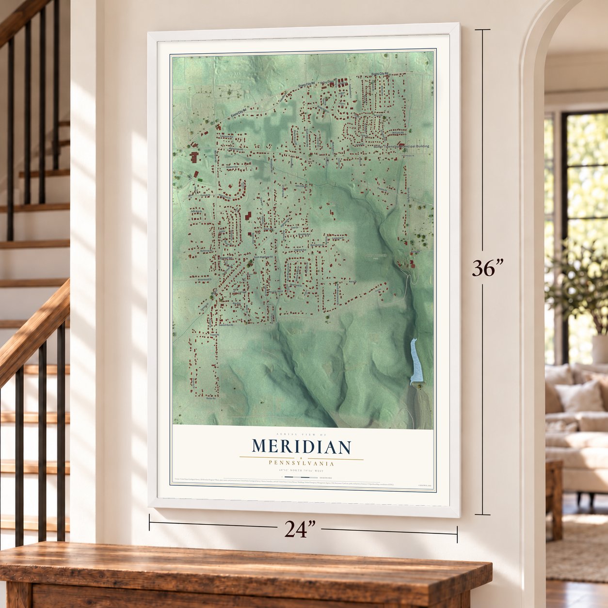 Meridian, Pennsylvania map, 24 x 36 inch print in a white frame by a staircase