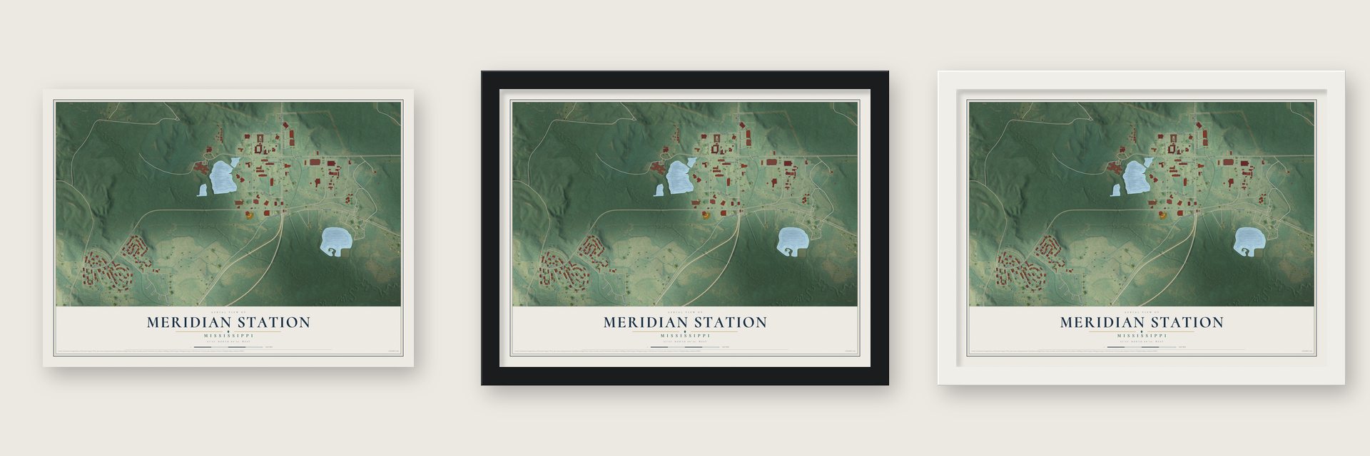 Meridian Station, Mississippi map unframed, in a black wood frame and in a white wood frame