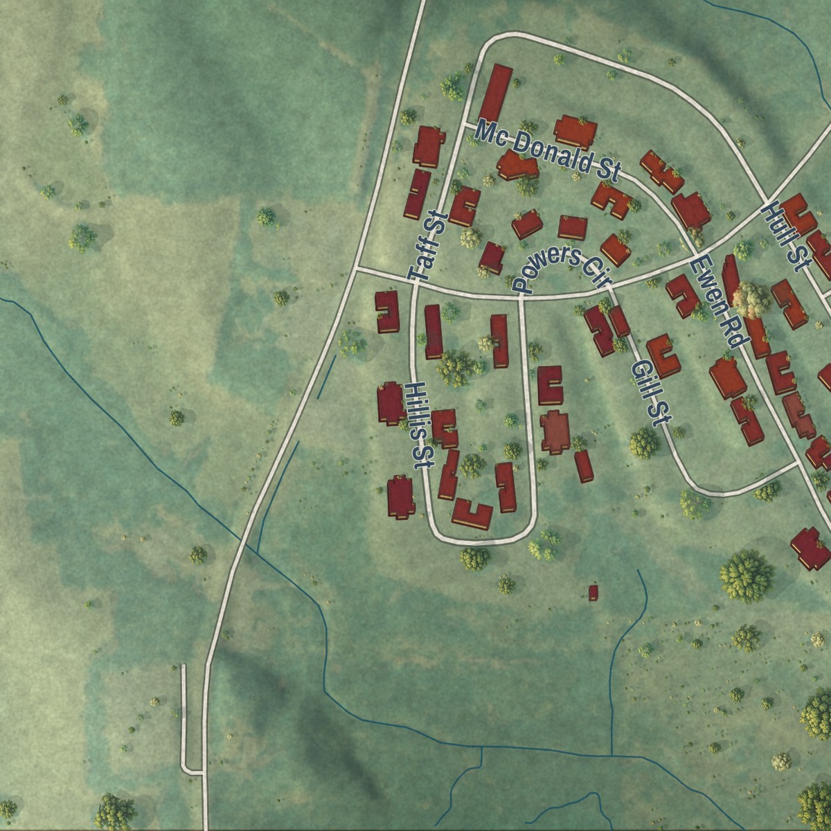 Second close-up of the map of Meridian Station, Mississippi print showing more streets and buildings