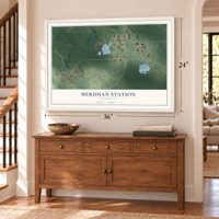 Meridian Station, Mississippi map, 24 x 36 inch print in a white frame above a dresser by a staircase