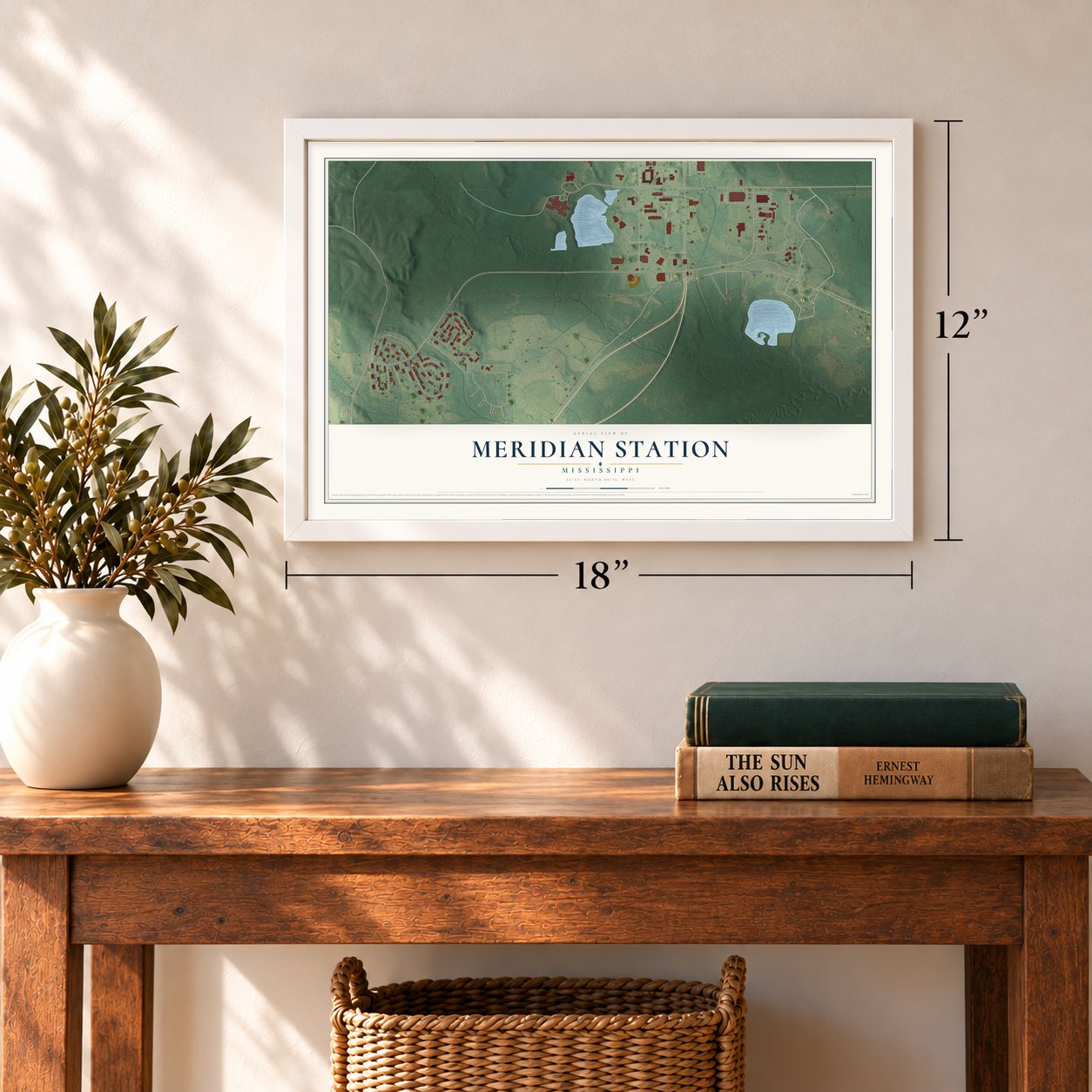Meridian Station, Mississippi map, 12 x 18 inch print in a white frame in an entryway