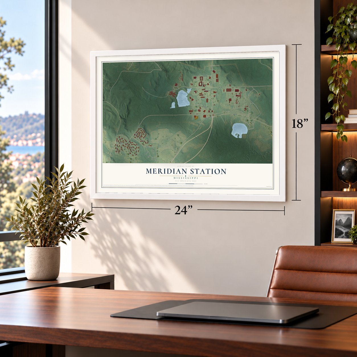 Meridian Station, Mississippi map, 18 x 24 inch print in a white frame in a home office