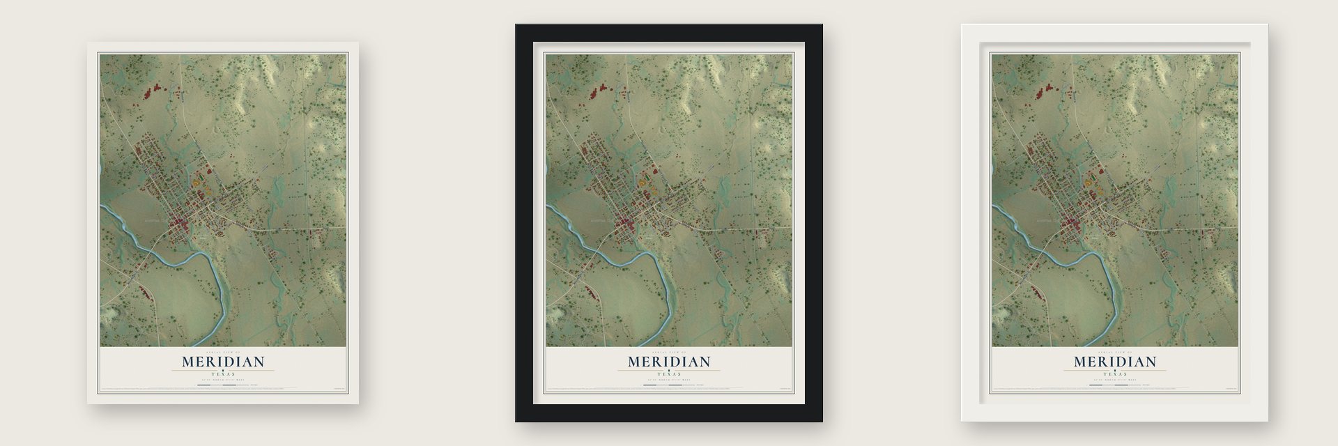 Meridian, Texas map unframed, in a black wood frame and in a white wood frame