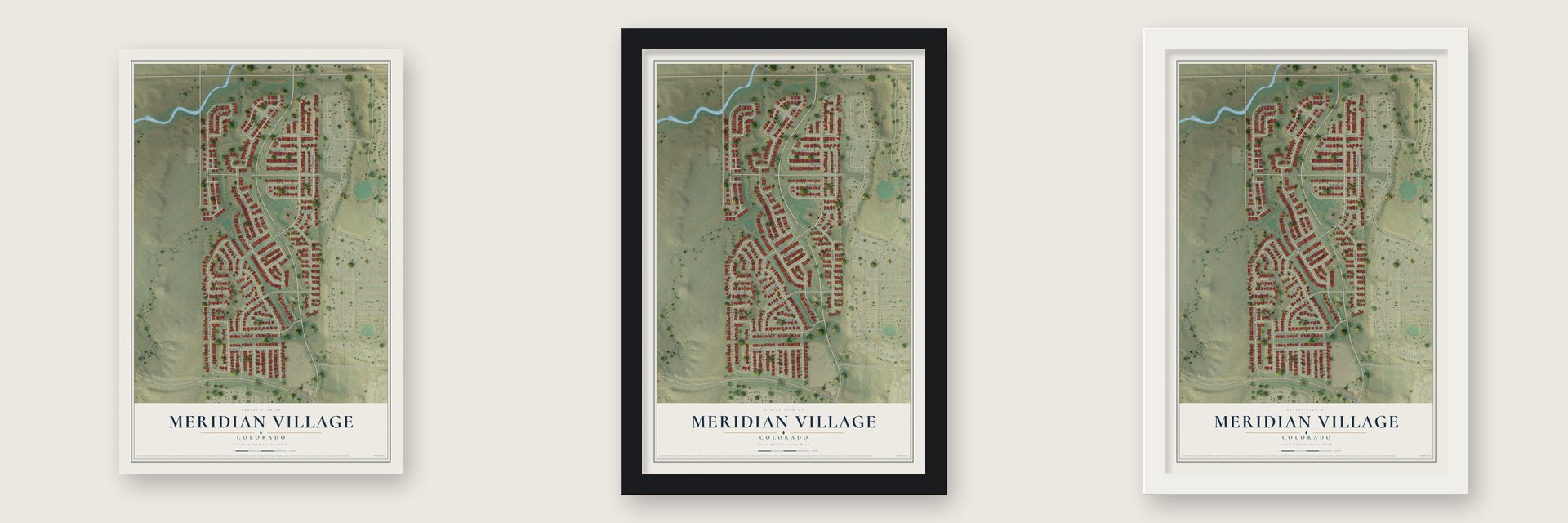 Meridian Village, Colorado map unframed, in a black wood frame and in a white wood frame