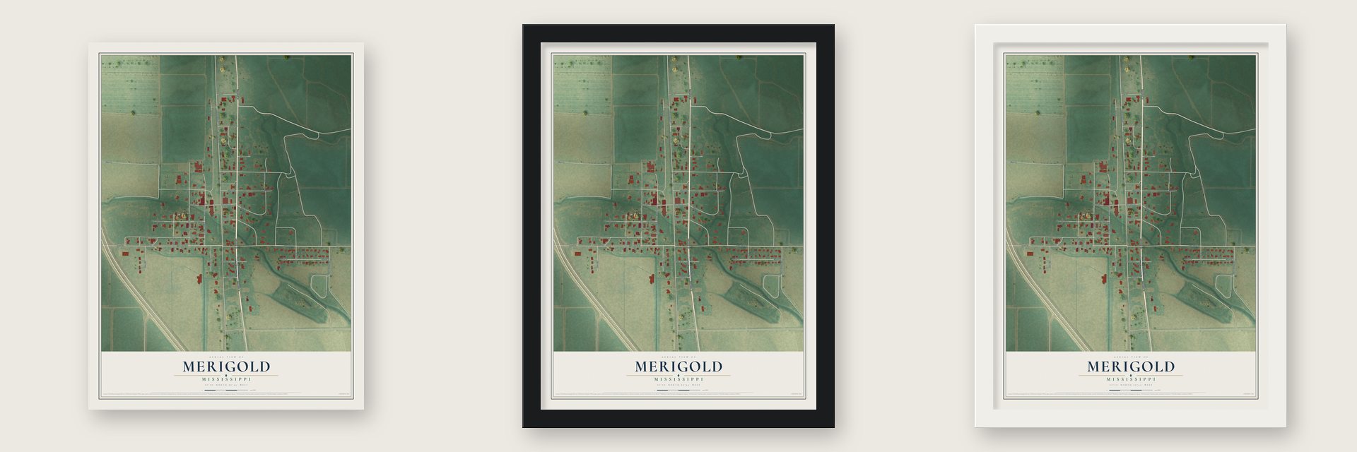 Merigold, Mississippi map unframed, in a black wood frame and in a white wood frame