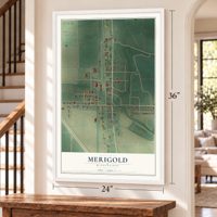 Merigold, Mississippi map, 24 x 36 inch print in a white frame by a staircase