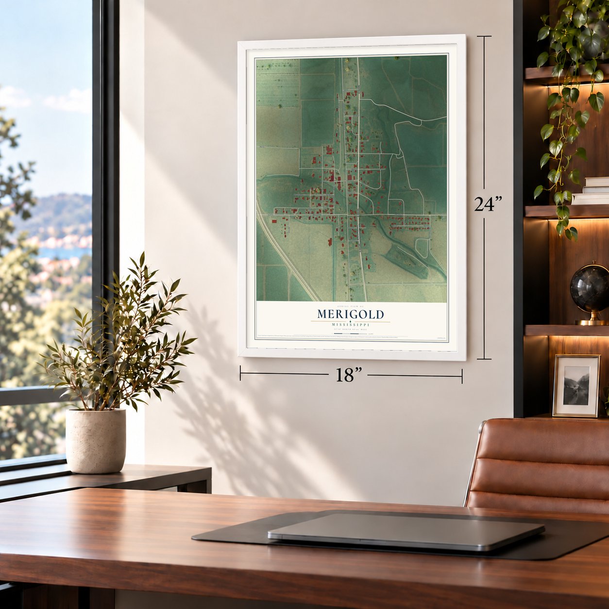 Merigold, Mississippi map, 18 x 24 inch print in a white frame in a home office