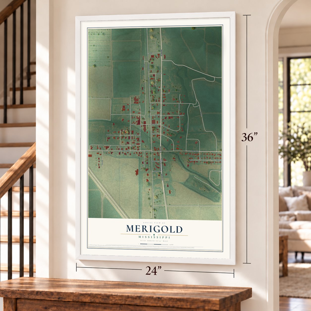Merigold, Mississippi map, 24 x 36 inch print in a white frame by a staircase