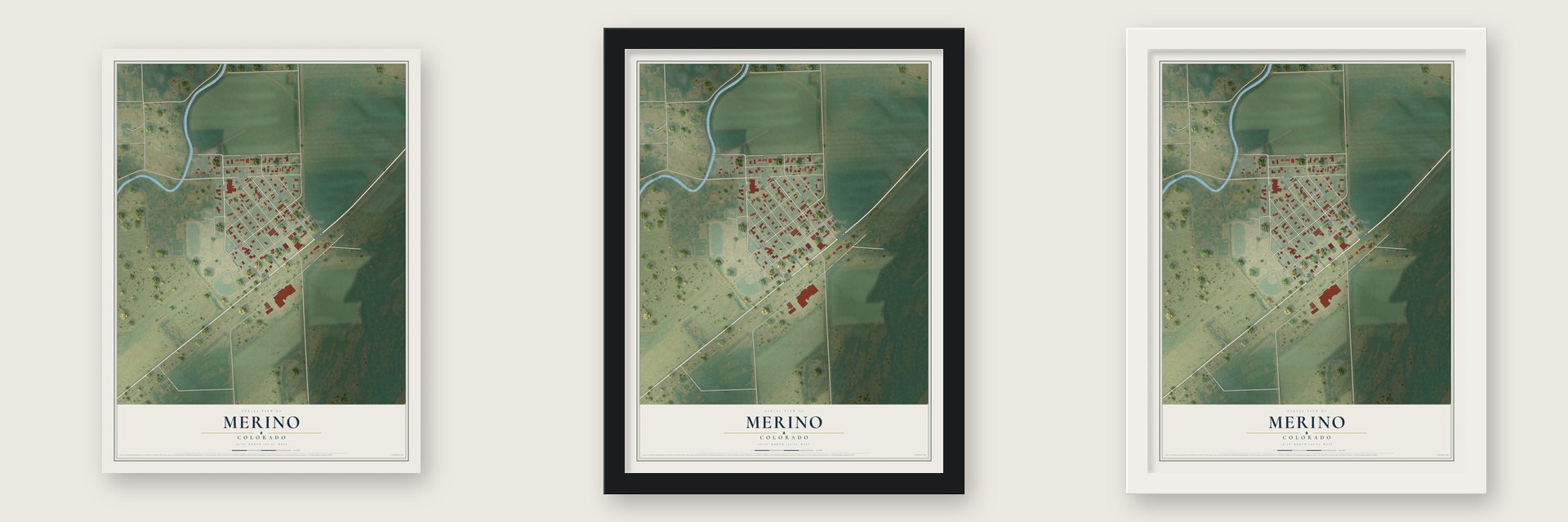 Merino, Colorado map unframed, in a black wood frame and in a white wood frame