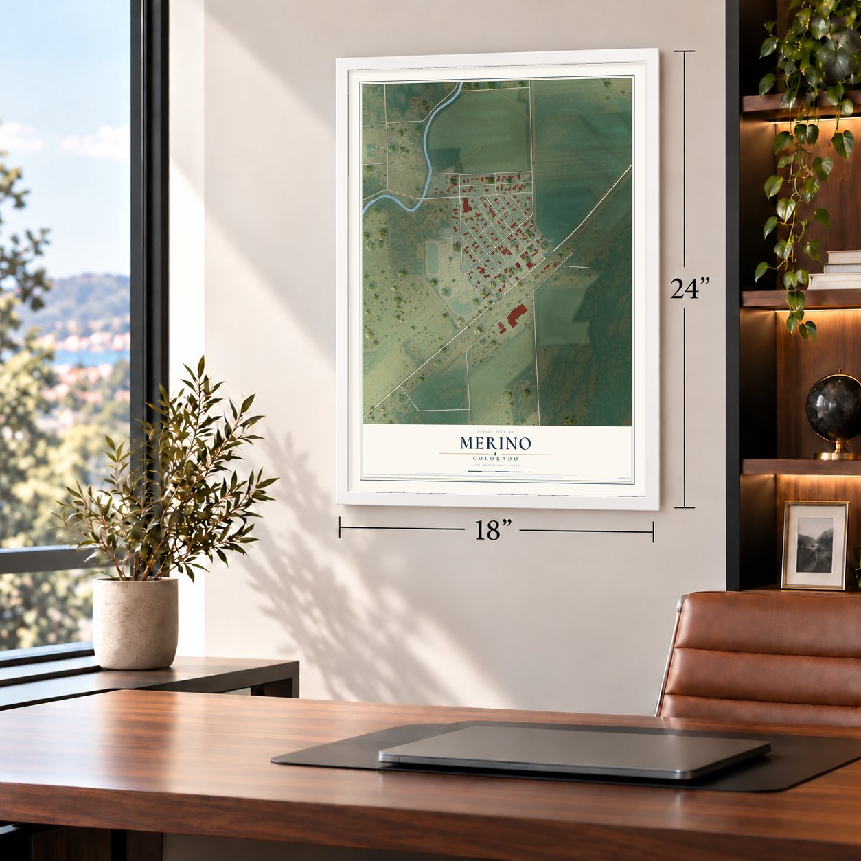 Merino, Colorado map, 18 x 24 inch print in a white frame in a home office