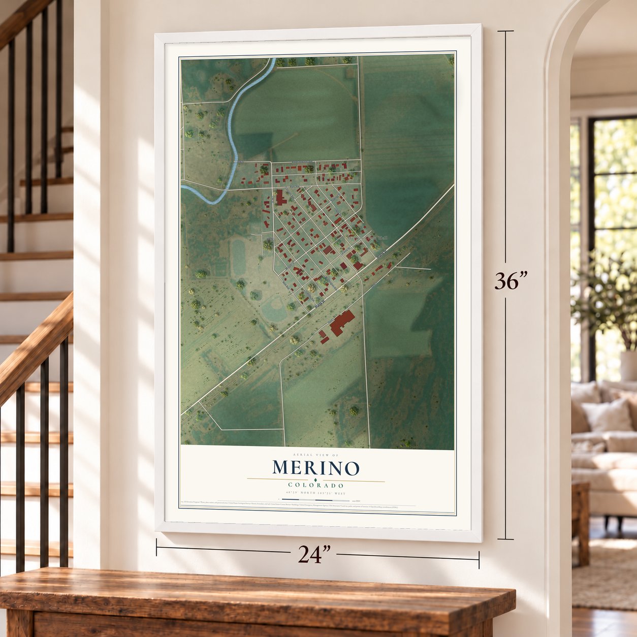 Merino, Colorado map, 24 x 36 inch print in a white frame by a staircase