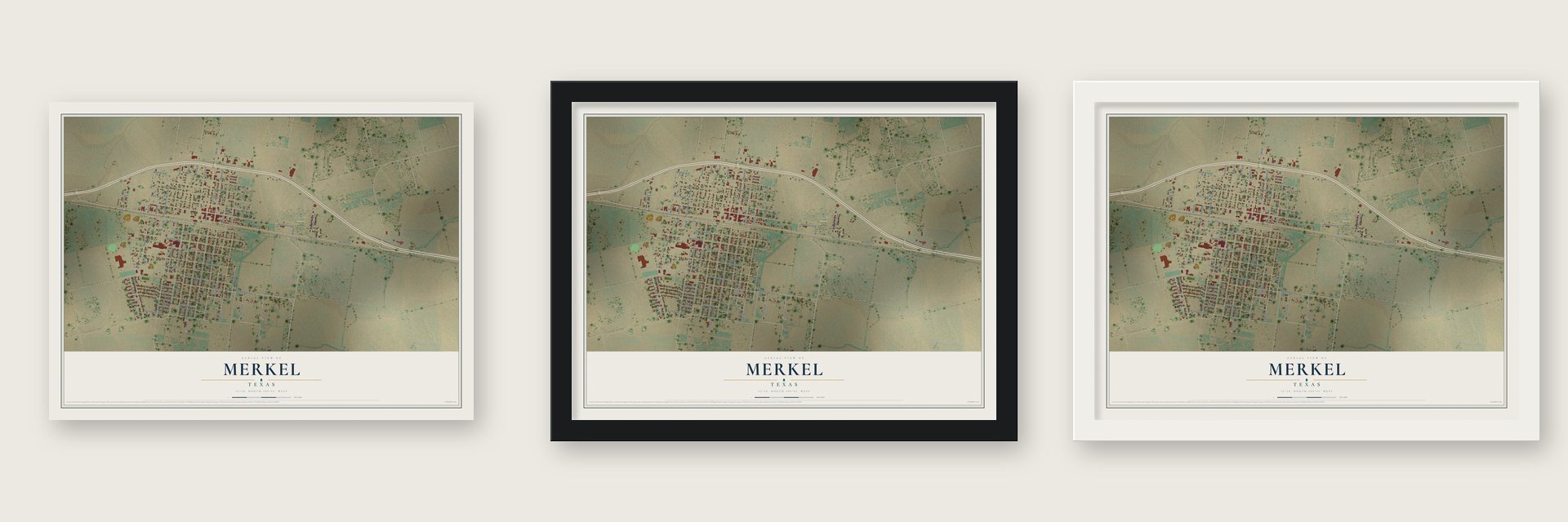 Merkel, Texas map unframed, in a black wood frame and in a white wood frame