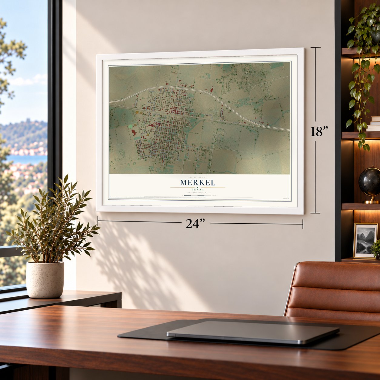 Merkel, Texas map, 18 x 24 inch print in a white frame in a home office