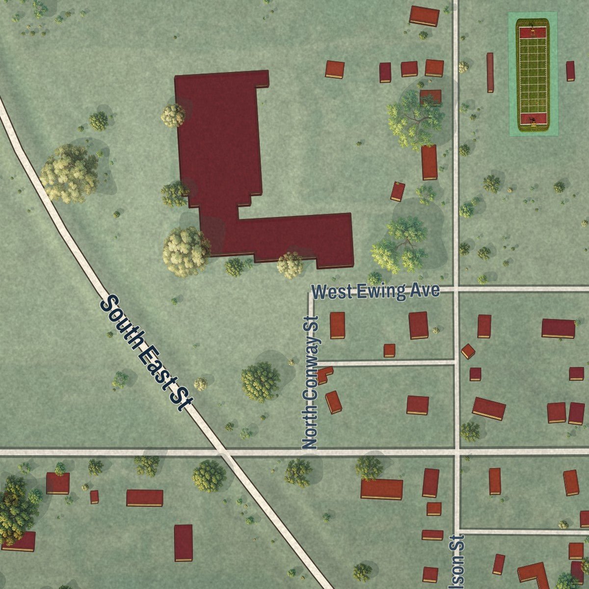 Second close-up of the map of Merna, Nebraska print showing more streets and buildings